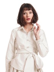 Taffeta Blouse With Crystal Bow Buttons And Sash - Ivory