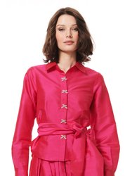 Taffeta Blouse With Crystal Bow Buttons And Sash - Watermelon