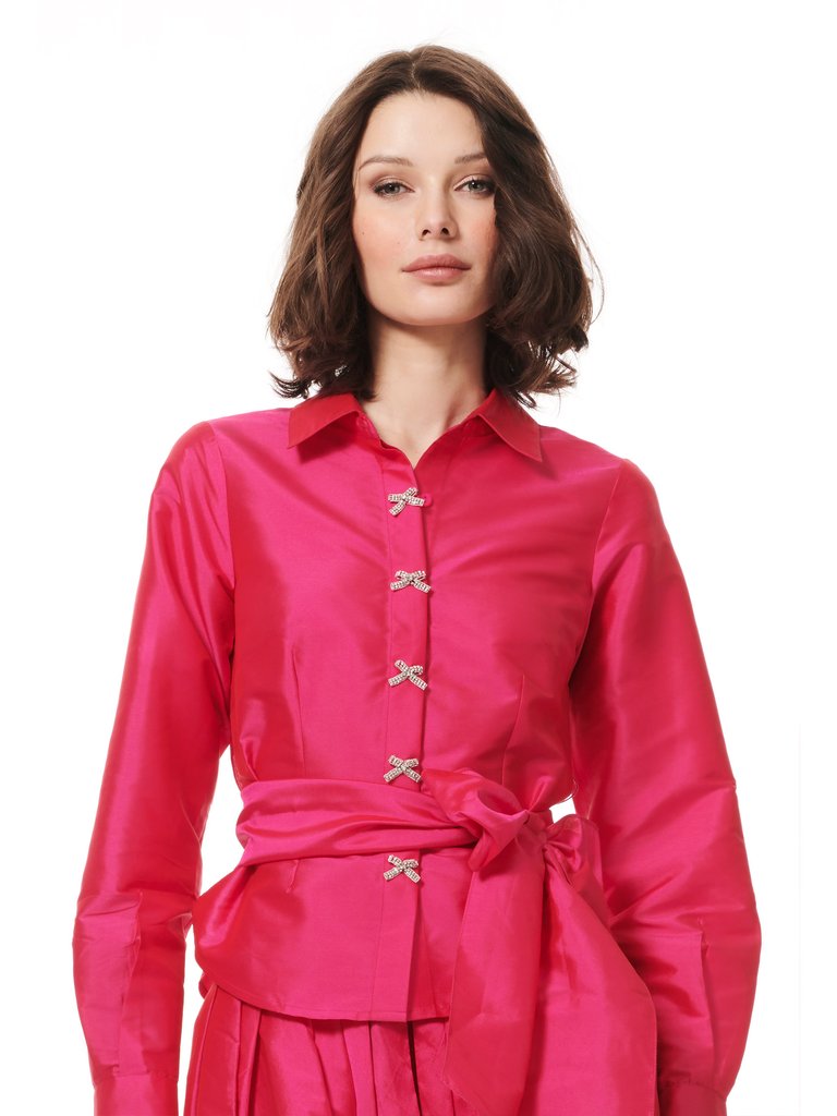 Taffeta Blouse With Crystal Bow Buttons And Sash - Watermelon