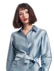Taffeta Blouse With Crystal Bow Buttons And Sash - Light Blue