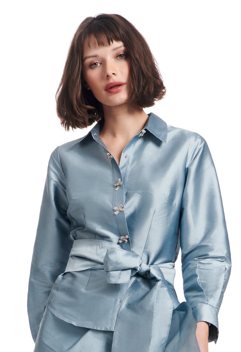 Taffeta Blouse With Crystal Bow Buttons And Sash - Light Blue