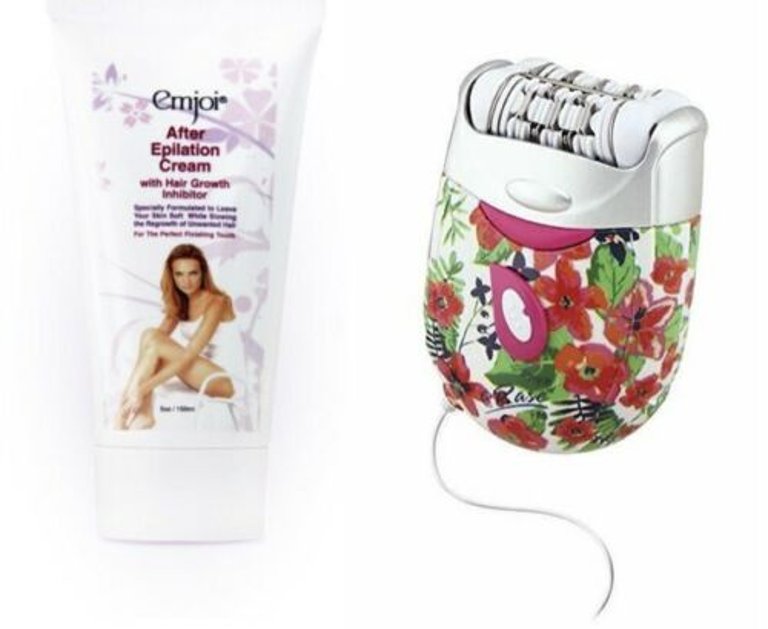 Emjoi Set: 2in1 e60 Precision Hair Removal Epilator with Sensitive Attachment and After Epilation Cream (5oz) - Floral