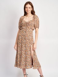 Macie Midi Dress - Brown Floral
