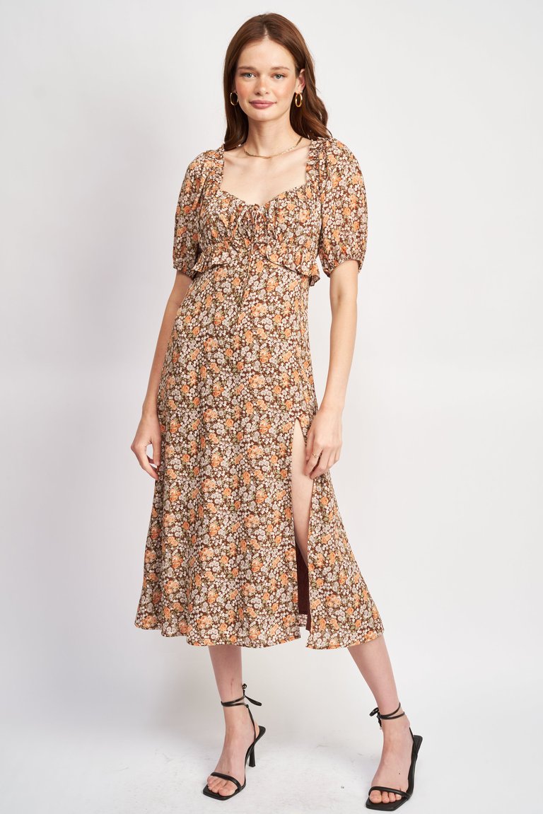 Macie Midi Dress - Brown Floral