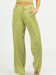 Satin High Waisted Wide Leg Trousers - Celery