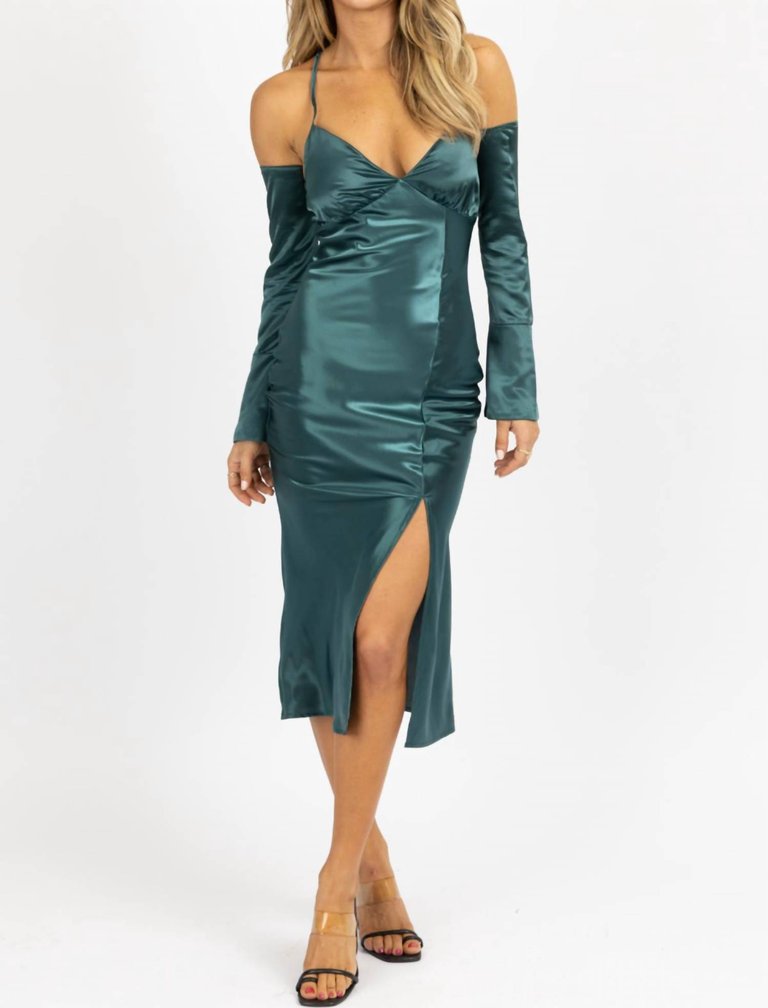 Satin Maxi Dress With Long Cuff-Sleeve - Emerald