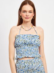 Vera Halter Neck Top - Blue Floral