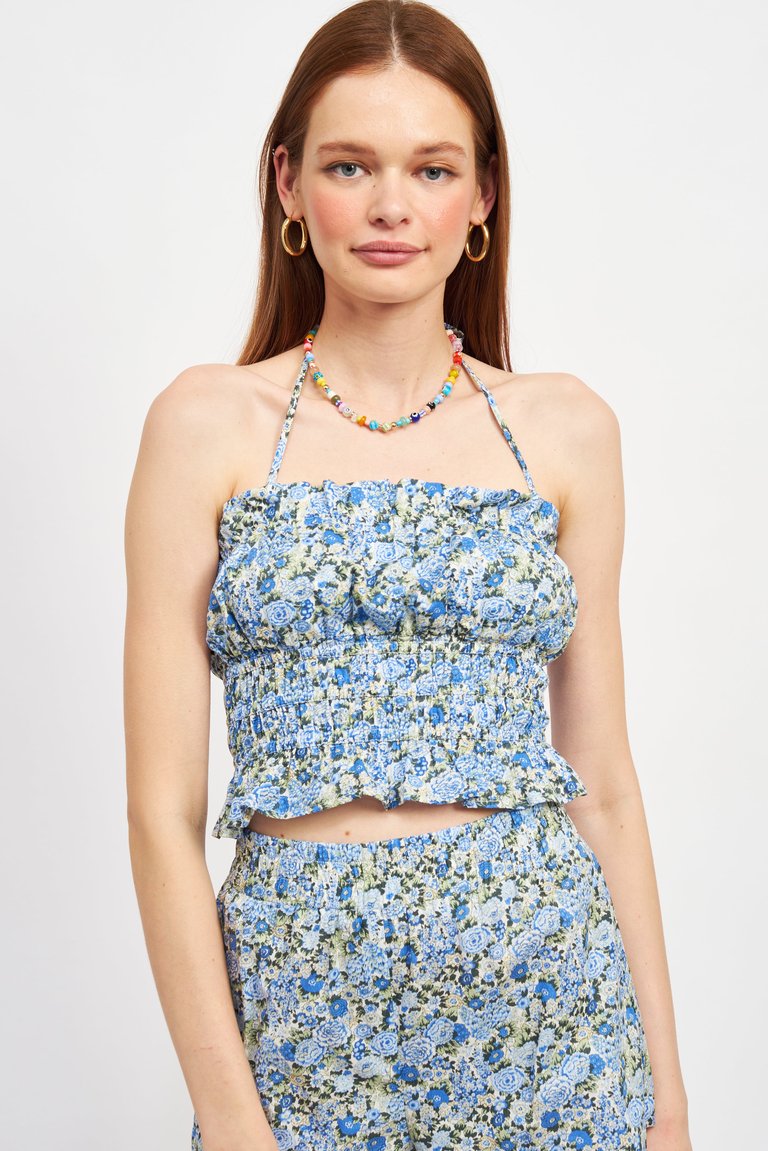 Vera Halter Neck Top - Blue Floral