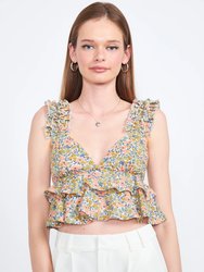 Xia Ruffled Crop Top - Sage- Coral Floral