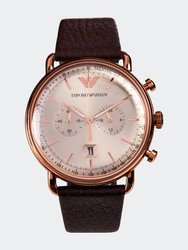 Men's Aviator AR11106 Rose-Gold Leather Japanese Quartz Dress Watch - Rose-Gold