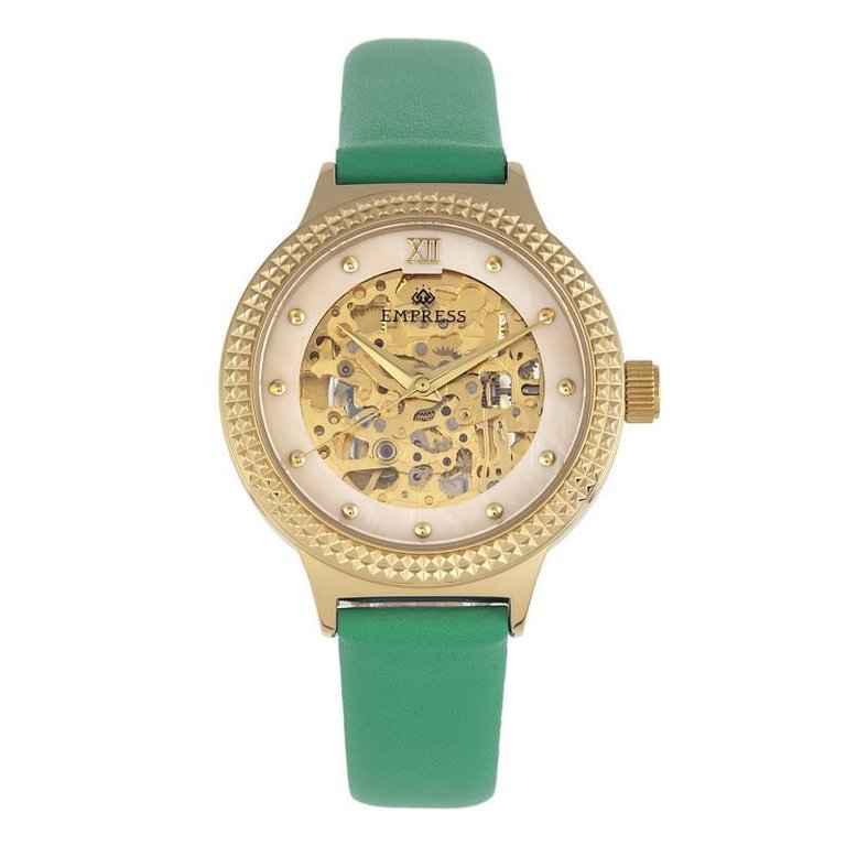 Empress Alice Automatic MOP Skeleton Dial Leather-Band Watch - Green