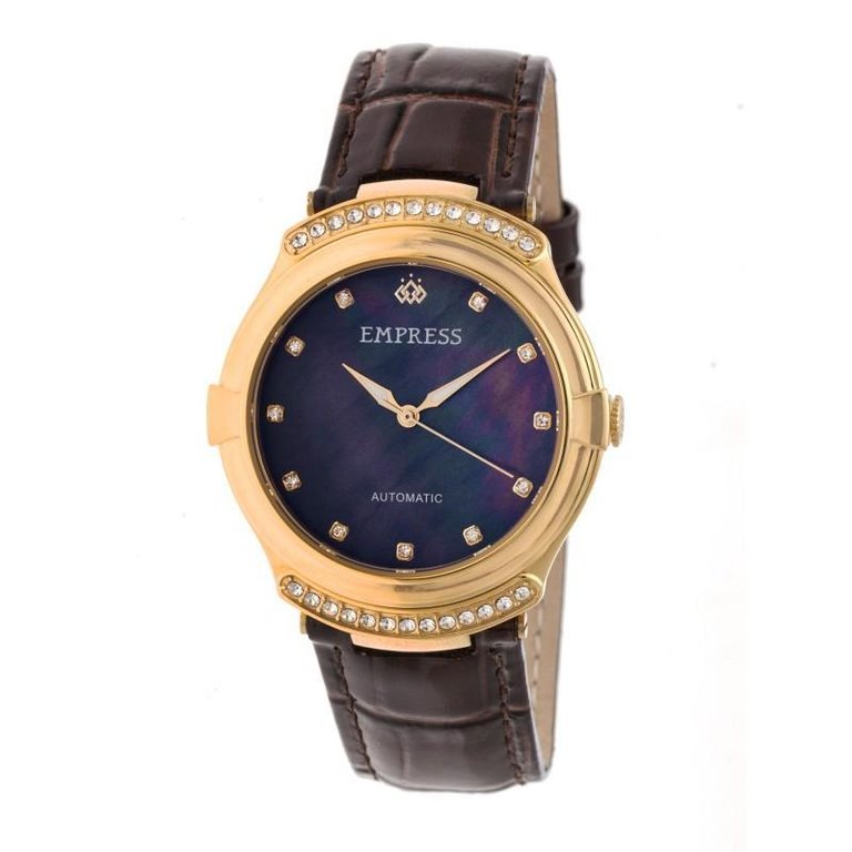 Empress Francesca Automatic MOP Leather-Band Watch - Dark Brown