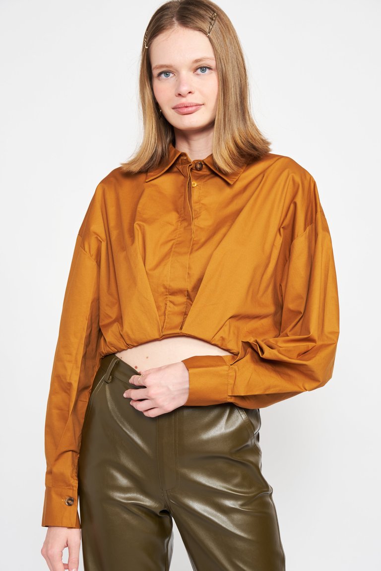 Lessie Cropped Button Down Top - Brown