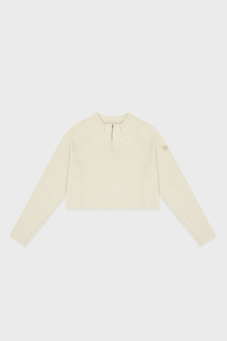 Cropped Half Zip Up Knit Top - Ivory