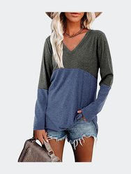 Contrast V-Neck Long Sleeve Loose T-Shirts - Navy