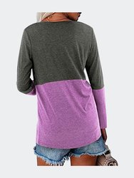 Contrast V-Neck Long Sleeve Loose T-Shirts