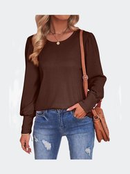 Round Neck Puff Sleeve Solid Color T-Shirt - Coffee