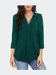 Solid Color Chiffon V-Neck Shirts Tops - Green