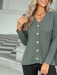 Solid Color V-Neck Knit Cardigan Jacket - Green