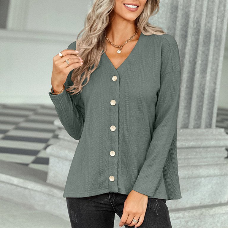 Solid Color V-Neck Knit Cardigan Jacket - Green