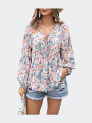 V-Neck Floral Print Loose Shirts - Pink