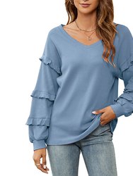 Waffle Loose V-Neck Top - Blue