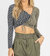 Asymmetric Shirred Tie Crop In Navy + Olive