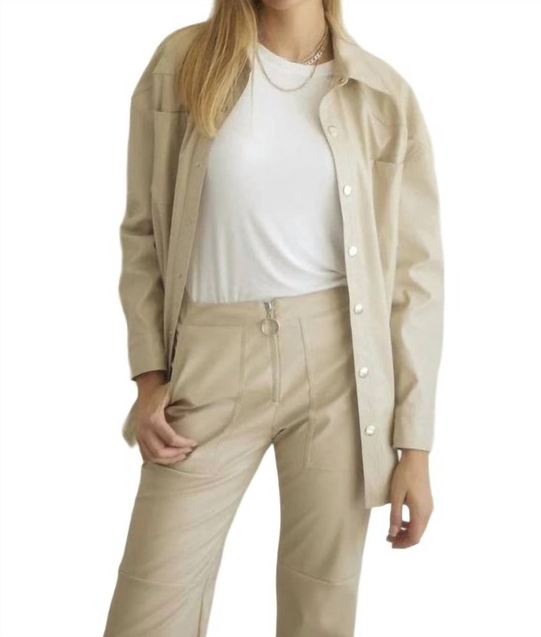 Button Down Faux Leather Shacket In Beige - Beige