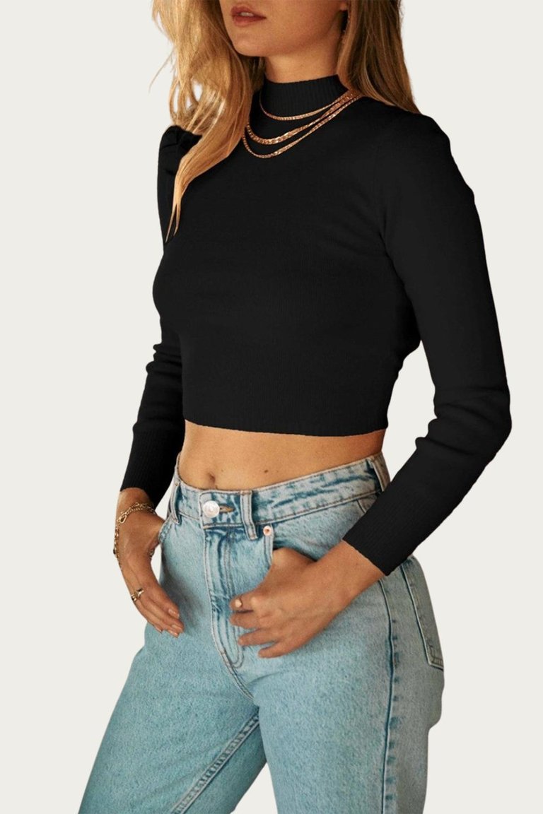 Cropped Open-Back Mock Neck Sweater In Black - Black