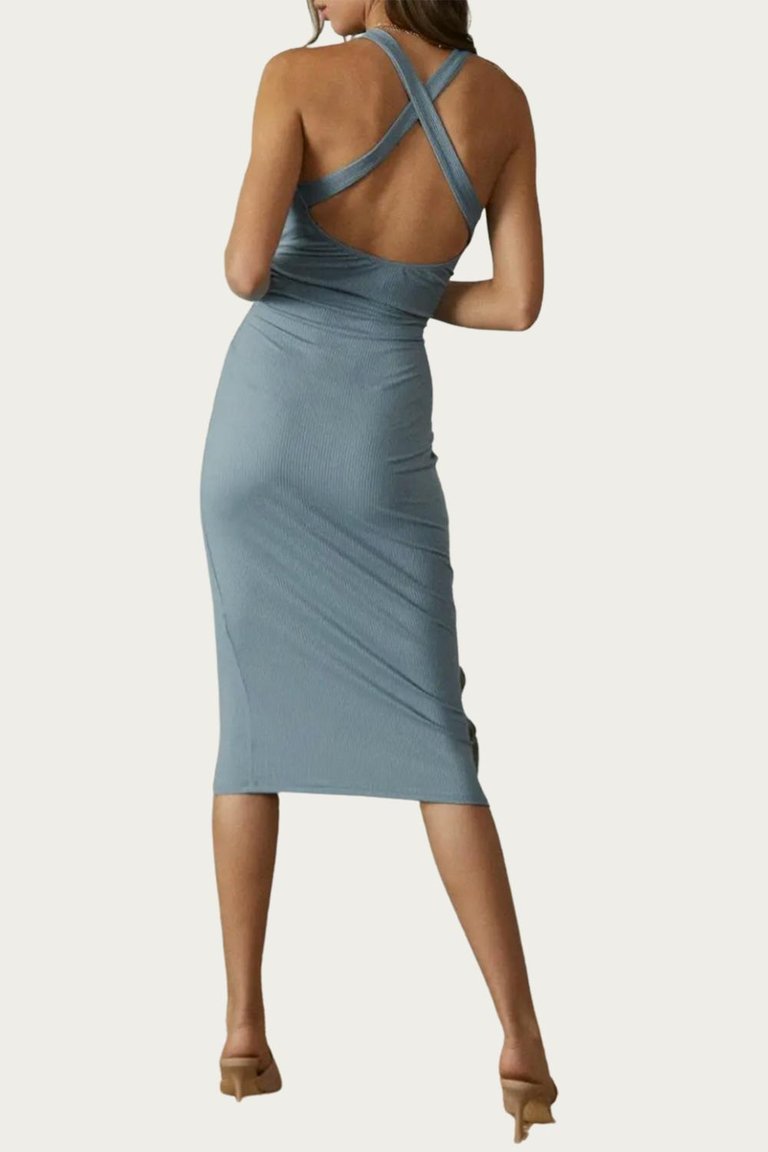 Cross-Front Cutout Stretch-Modal Midi Dress In Denim Grey