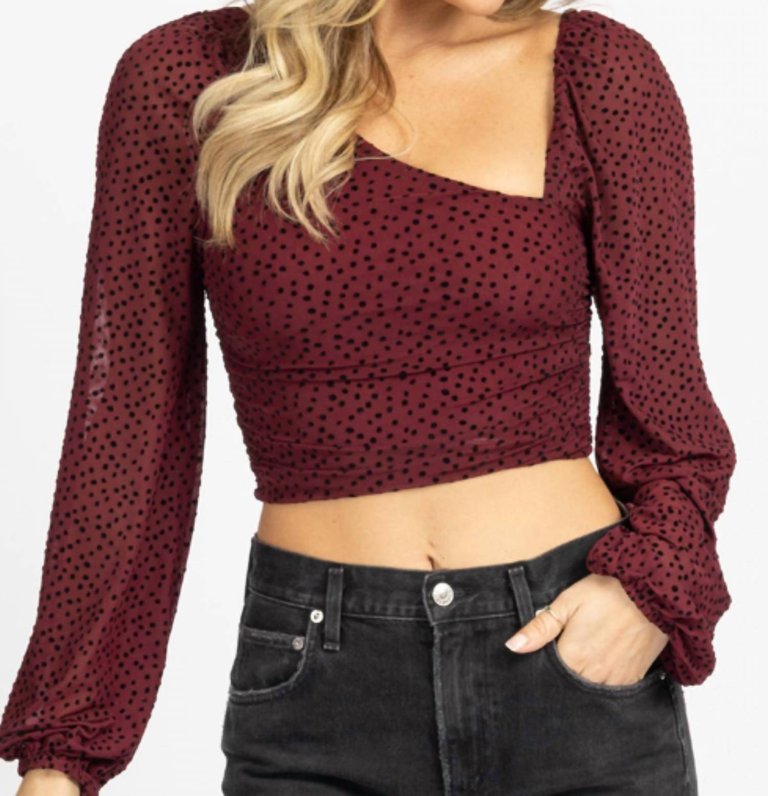 Dotted Asymmetric Ruched Top In Cabernet