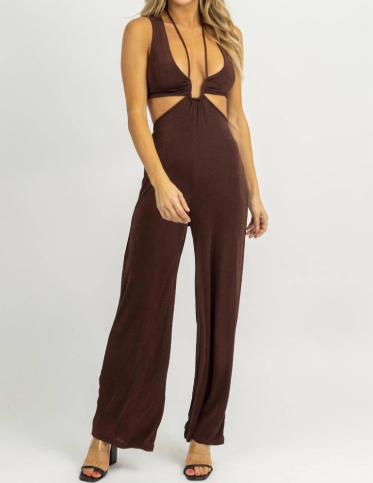 Halter Tie Sleeveless Jumpsuit In Chocolate - Chocolate