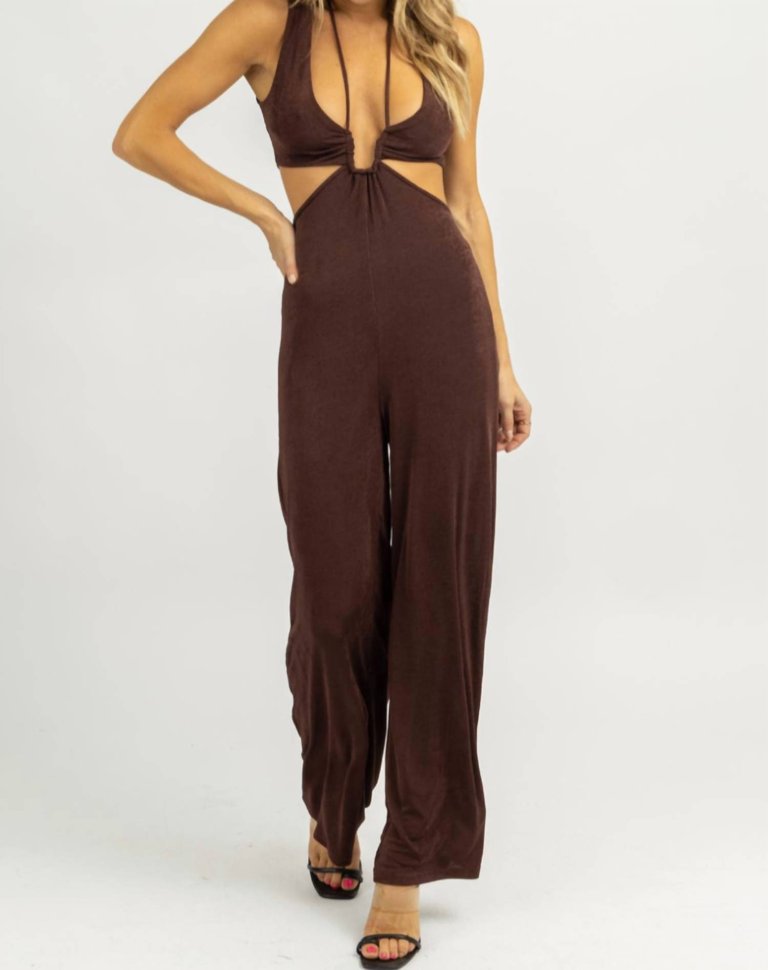 Halter Tie Sleeveless Jumpsuit In Chocolate