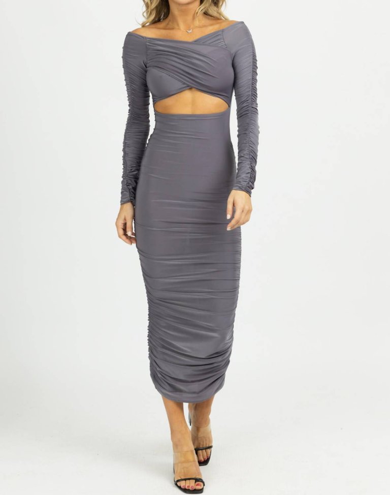 Off-Shoulder Shirred Slinky Midi Dress In Ash - Ash