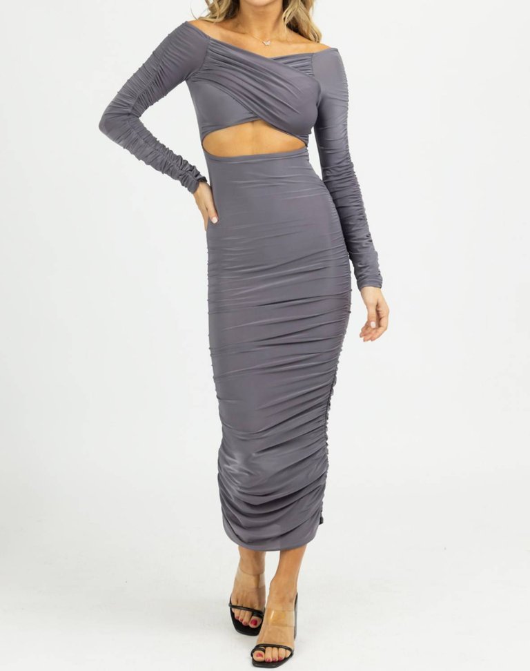 Off-Shoulder Shirred Slinky Midi Dress In Ash