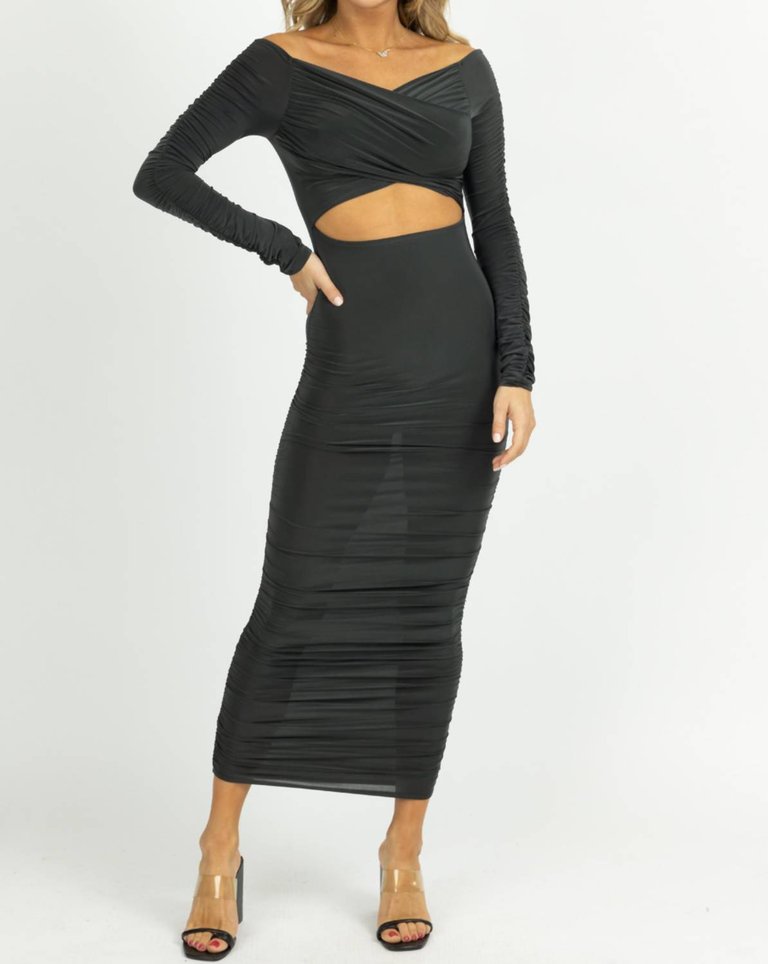 Off-Shoulder Shirred Slinky Midi Dress In Hunter - Hunter