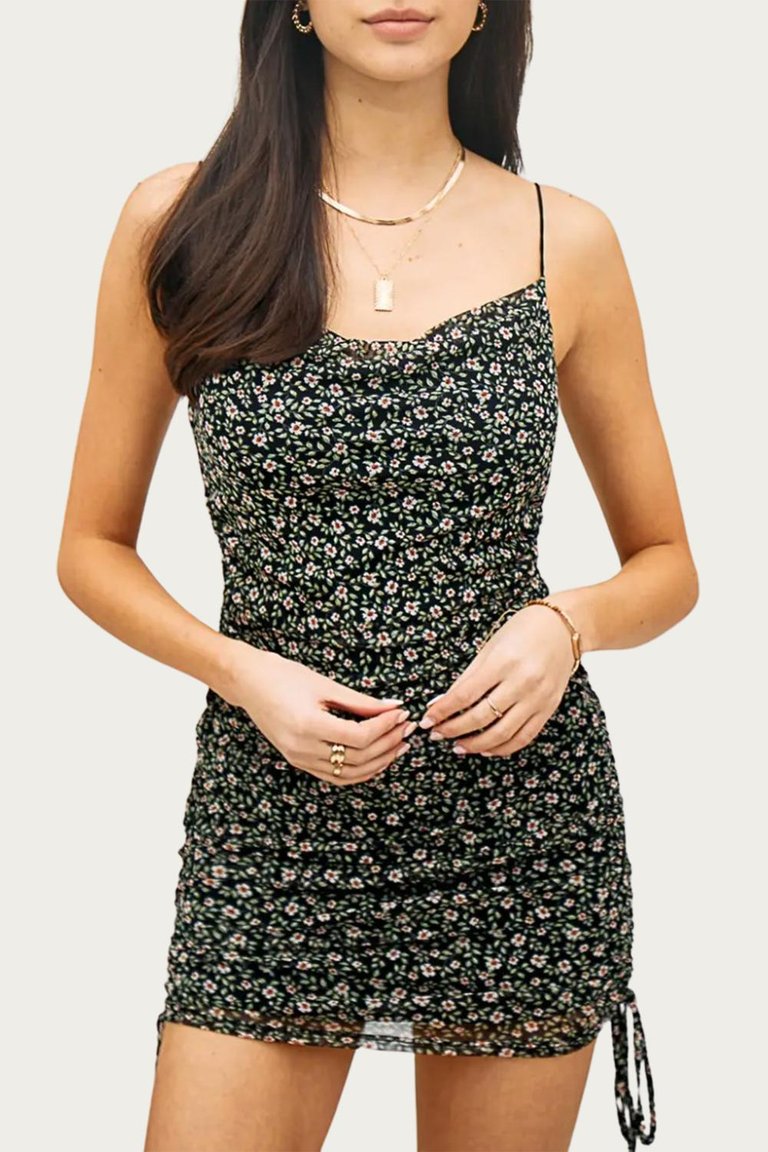 Ruched Floral Mini Dress In Black - Black