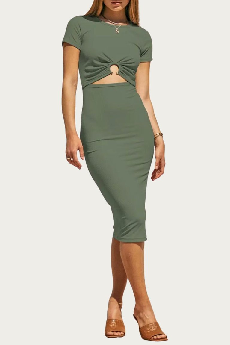 Short Sleeve Solid Rib Midi Dress In Moss Green - Moss Green