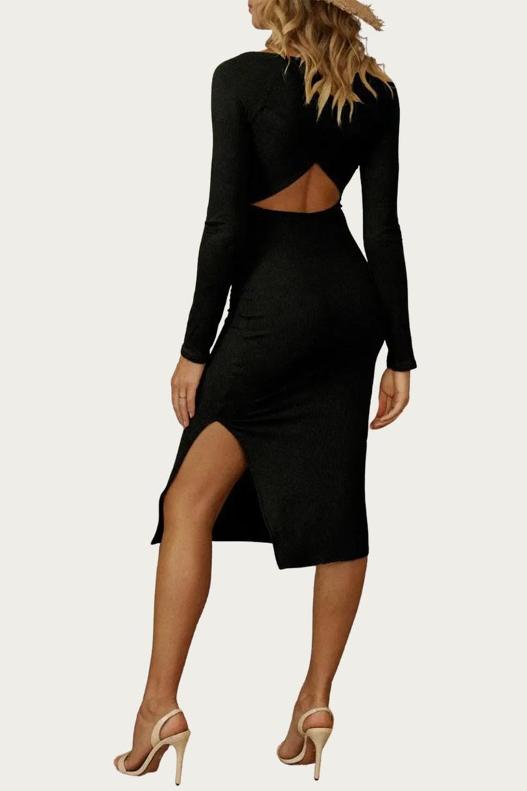 Solid Rib Cross Front Midi Dress In Black