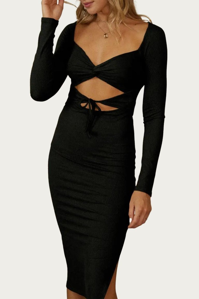 Solid Rib Cross Front Midi Dress In Black - Black