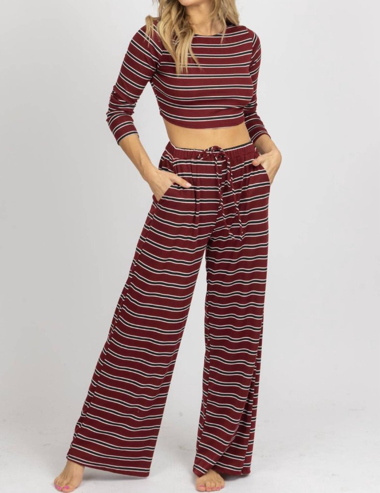 Stripe Ribbed Pant Set In Burgundy