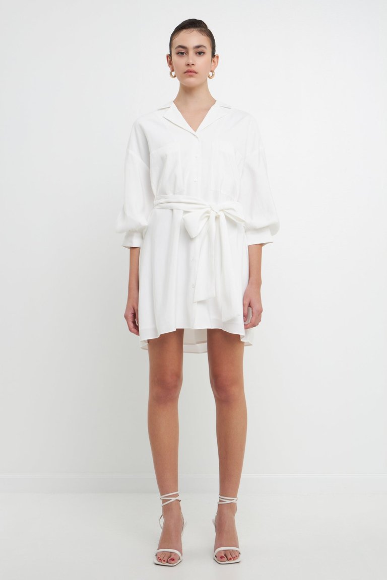 Belted Mini Shirt Dress - White