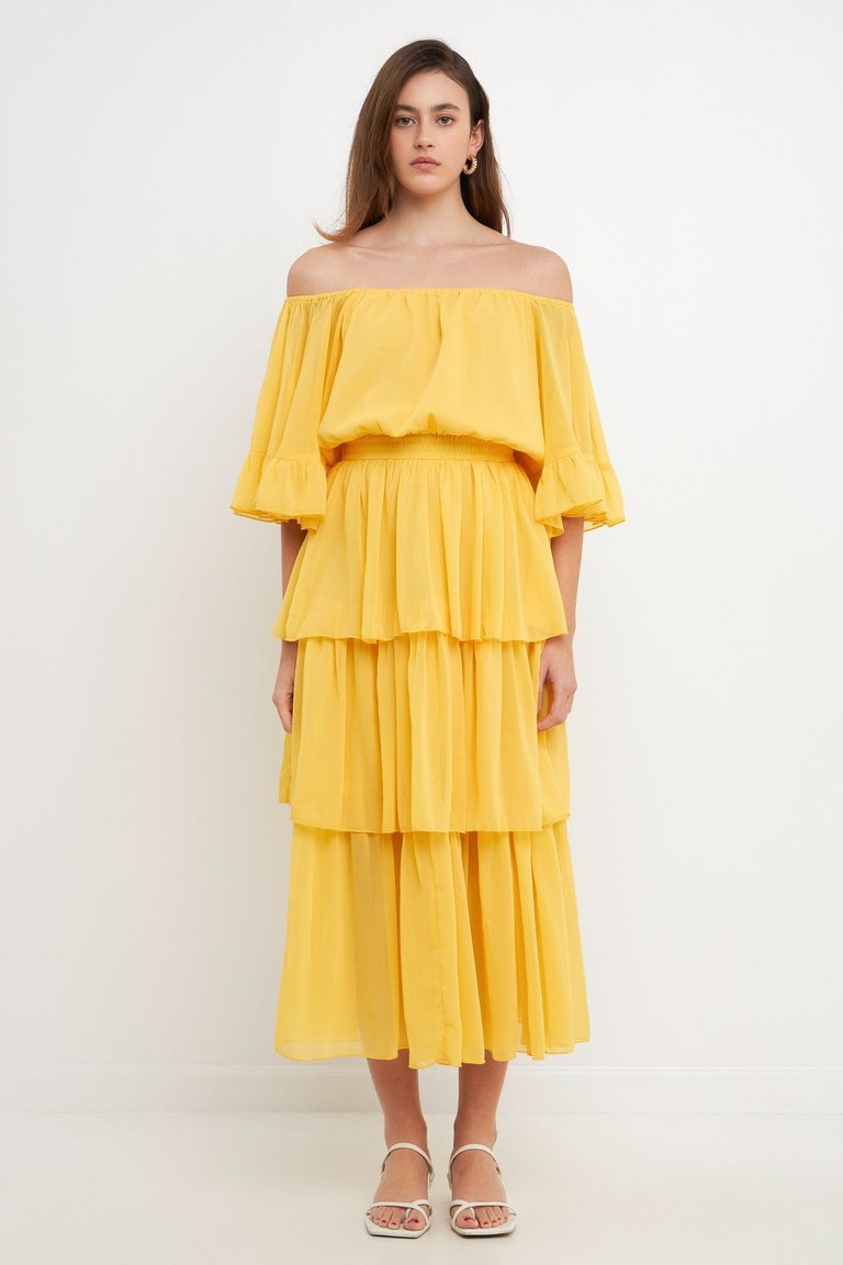 Chiffon Off the Shoulder Ruffle Tier Maxi Dress - Yellow