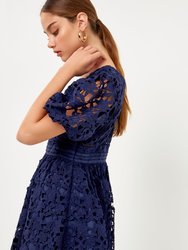 Crochet Lace Puff Sleeve Mini Dress - Navy
