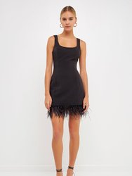 Feather Trim Mini Dress - Black