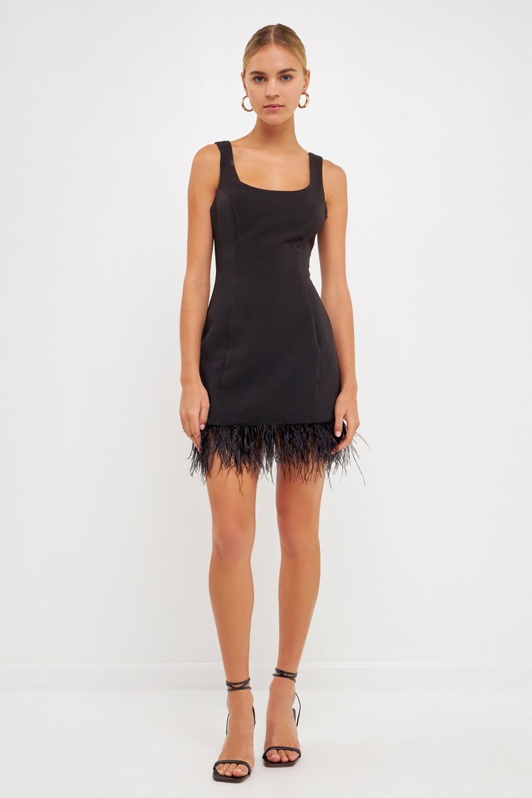 Feather Trim Mini Dress - Black