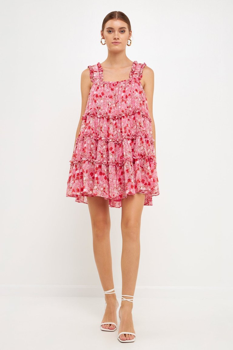 Floral Chiffon Flounce Mini Dress - Pink