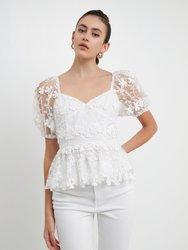 Floral Embroidered Lace Peplum Top - White