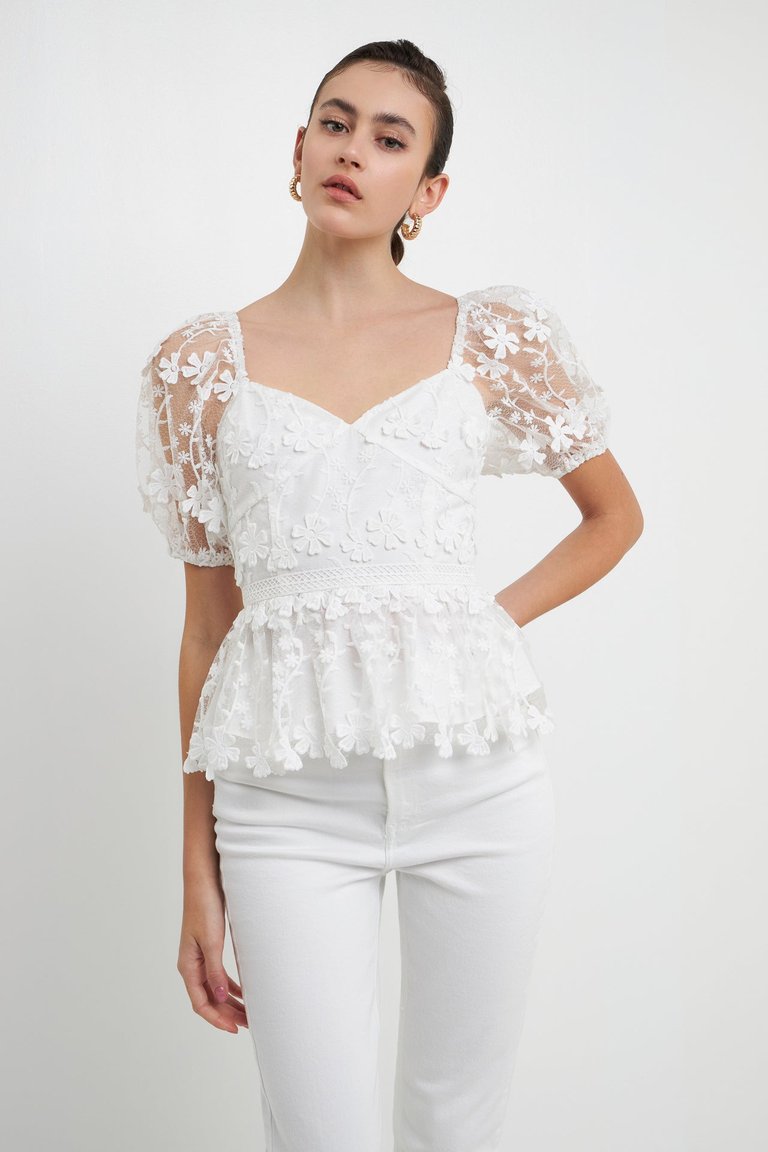 Floral Embroidered Lace Peplum Top - White