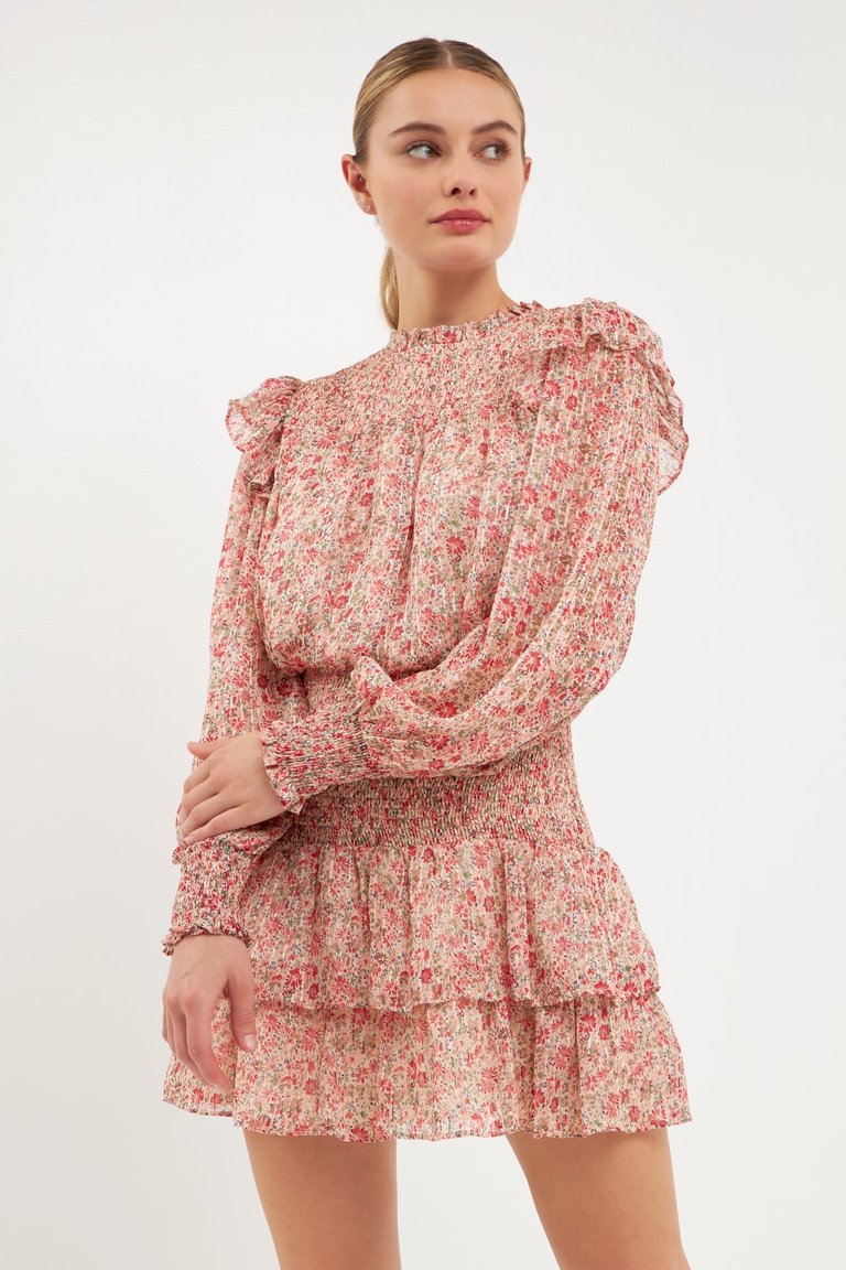 Floral Stripe Chiffon Dress - Pink/Multi